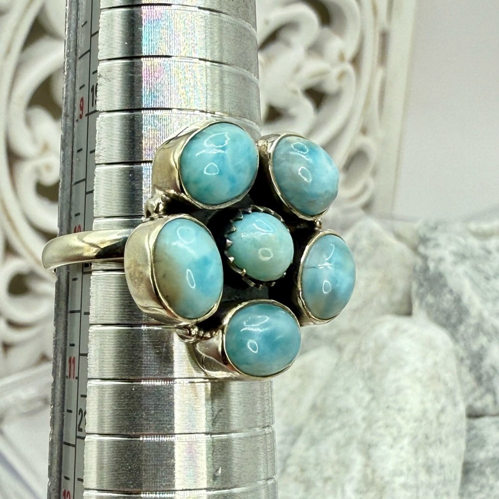 Sterling Silver Larimar Floral Cluster Ring Size 10 Boho Southwestern 925 - Picture 16 of 17